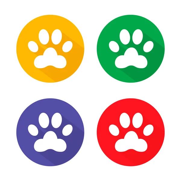 Signo de pata de perro icono. Símbolo de mascotas. Botones de círculo con sombra larga. Set de 4 iconos. Vector — Vector de stock