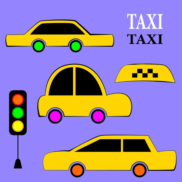 Conjunto vectorial de diferentes tipos de taxis y carteles . — Vector de stock