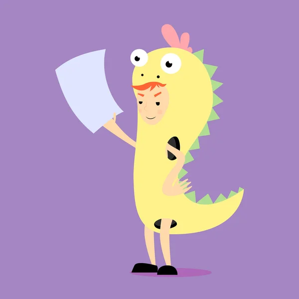 Promotor en traje de dinosaurio. Vector plano ilustración de dibujos animados — Vector de stock