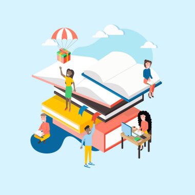 İnsanlar kitap okur, kütüphaneye giderler. Kitaplı karakterler, öğrenme, geliştirme. İzometrik 3D