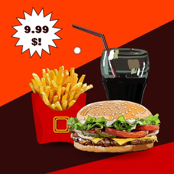 Hamburguesas fritas y cola vector ilustración — Vector de stock