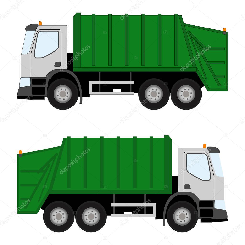 Set of garbage green truck car machine recycle sorting trash rubbish vector image