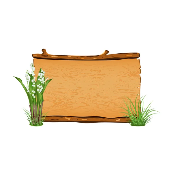 Banner de madera, hierba y lirios del valle, ilustración vectorial — Vector de stock