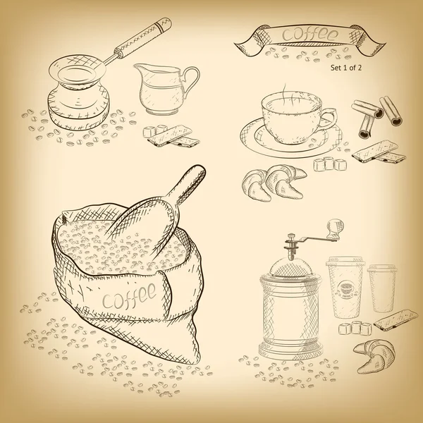 Kahve seti (çanta, Kupası, Kepçe, şeker, Kahve değirmeni, tarçın, cezve, süt kabı, bisküvi, kruvasan, kahve çekirdekleri, uçan daire, kağıt bardak, şerit). 1 / 2 ayarla