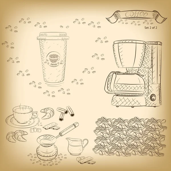 Кофейный набор (текстура кофейных зерен, чашка, кофеварка, сахар, корица, цеце, молочный кувшин, печенье, круассан, кофейные зёрна, блюдце, бумажная чашка, лента, сердце). Комплект 2 из 2 — стоковый вектор
