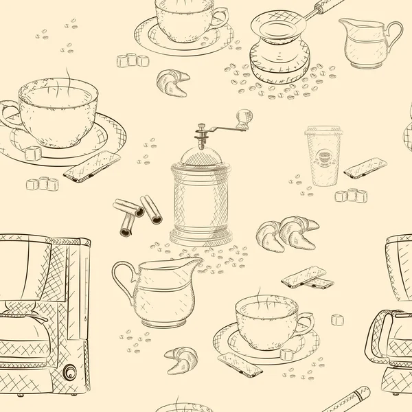 Patrón sin costura de café (máquina de café, taza, cucharada, azúcar, molino de café, canela, cezve, jarra de leche, galletas, croissant, granos de café, platillo, taza de papel ) — Archivo Imágenes Vectoriales