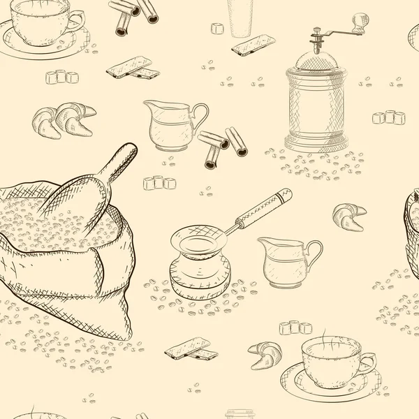 Patrón sin costura de café (bolsa, taza, cucharada, azúcar, molino de café, canela, cezve, jarra de leche, galletas, croissant, granos de café, platillo, taza de papel ) — Archivo Imágenes Vectoriales