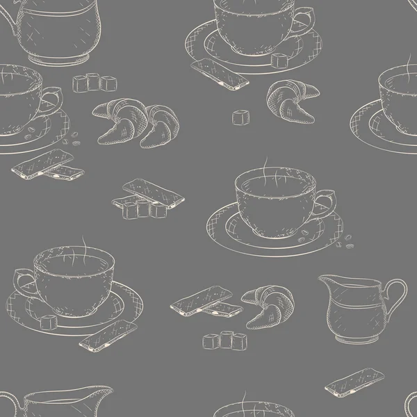 Food seamless pattern (cup, sugar, milk jug, biscuit, croissant, coffee beans, saucer)