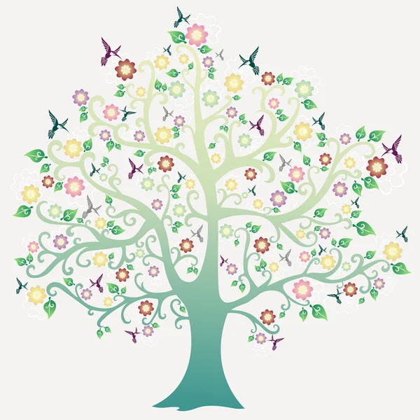 Bunter Baum mit Blumen und Vögeln — Stockvektor