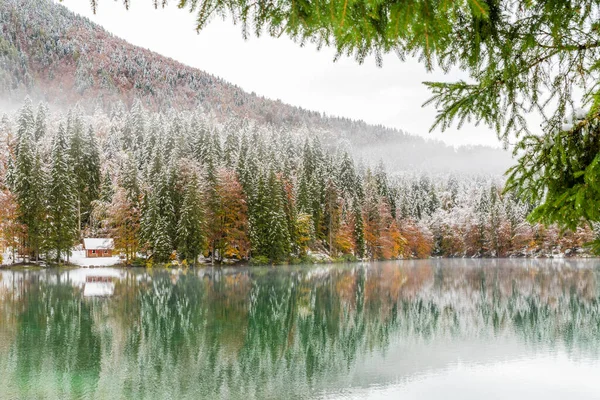 Scenic View Snowy Lake Fusine Italy — Stock Photo, Image