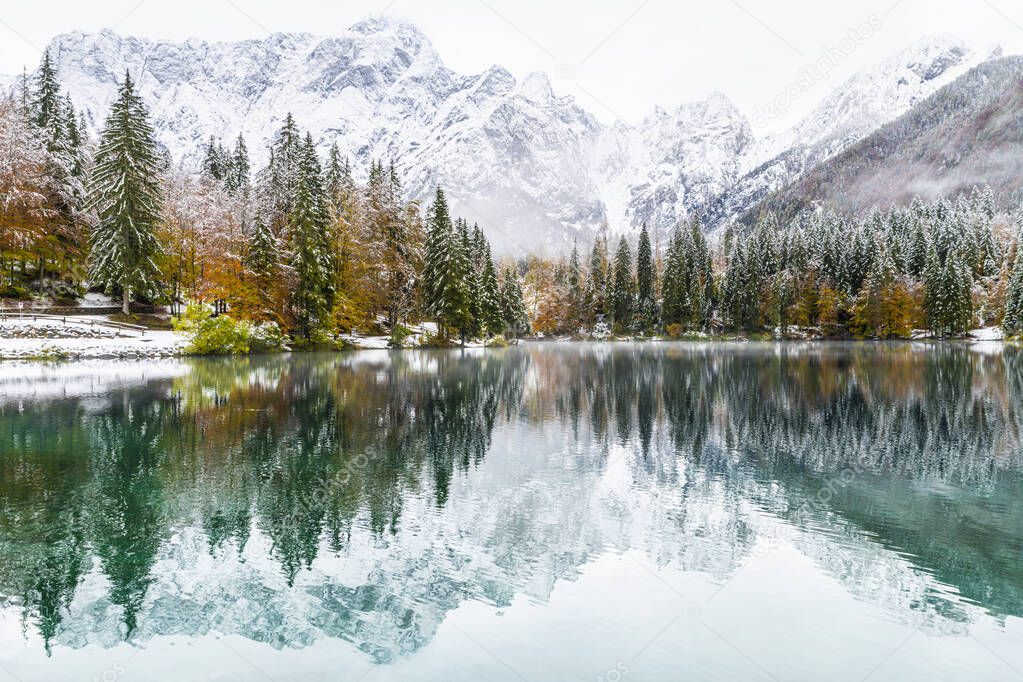 Scenic view of snowy lake Fusine, Italy 