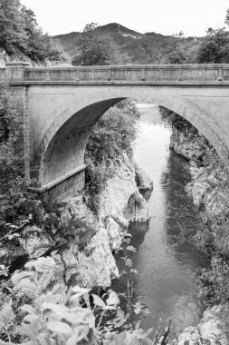 Gölün üzerindeki taş köprünün siyah beyaz resmi