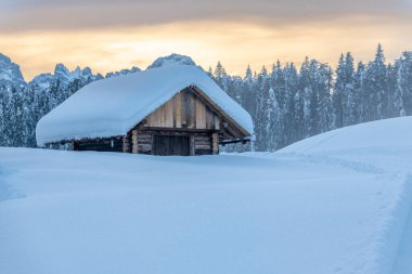 Kar yağdıktan sonra. Sappada 'da alacakaranlığın son ışıkları. Dolomitlerin Büyüsü