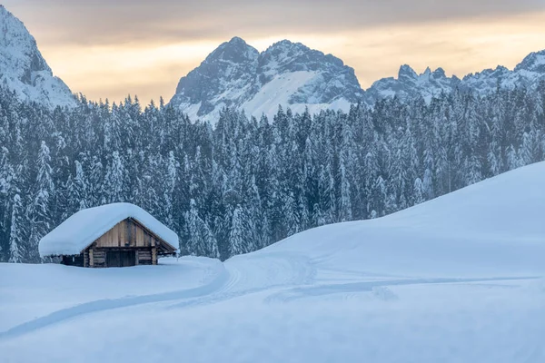 Kar Yağdıktan Sonra Sappada Alacakaranlığın Son Işıkları Dolomitlerin Büyüsü — Stok fotoğraf