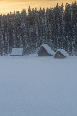Kar yağdıktan sonra. Sappada 'da alacakaranlığın son ışıkları. Dolomitlerin Büyüsü