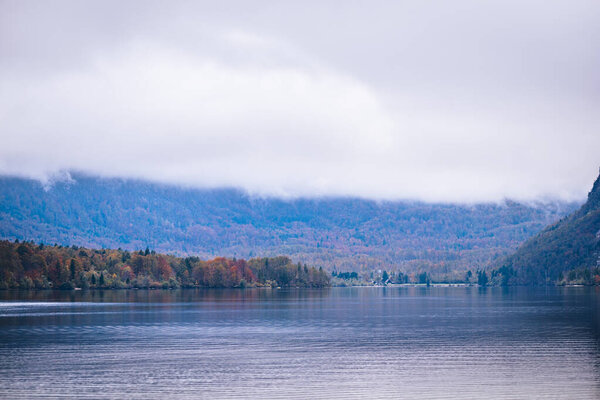 осенний пейзаж с красивым озером Бохинь в Словении