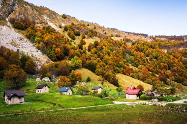 İtalya 'nın Julian Alpleri' nde bulunan Resia Vadisi 'ndeki manzara. Canlı sonbahar yaprakları ve yeşil çimenli yamaçlara kurulmuş birkaç küçük geleneksel ev..