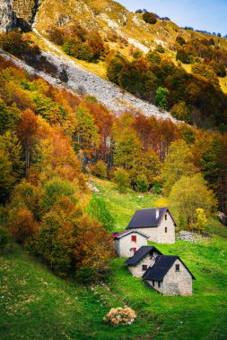 İtalya 'nın Julian Alpleri' nde bulunan Resia Vadisi 'ndeki manzara. Canlı sonbahar yaprakları ve yeşil çimenli yamaçlara kurulmuş birkaç küçük geleneksel ev..