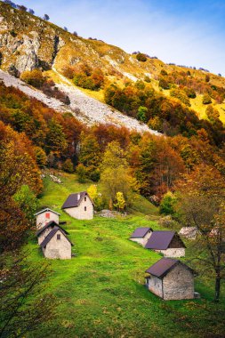 İtalya 'nın Julian Alpleri' nde bulunan Resia Vadisi 'ndeki manzara. Canlı sonbahar yaprakları ve yeşil çimenli yamaçlara kurulmuş birkaç küçük geleneksel ev..