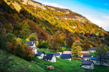 İtalya 'nın Julian Alpleri' nde bulunan Resia Vadisi 'ndeki manzara. Canlı sonbahar yaprakları ve yeşil çimenli yamaçlara kurulmuş birkaç küçük geleneksel ev..
