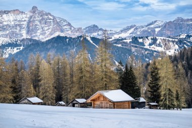 İtalya 'nın Dolomite dağlarında çam ağaçları ve ahşap evler olan karlı bir manzara.