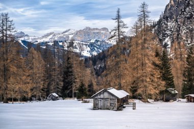 Ormandaki dağlık alanda karla kaplı ahşap kulübe..