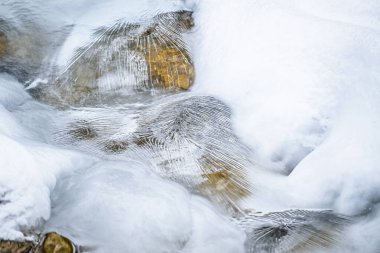 Water flowing over snowy rocky surface in winter mountains