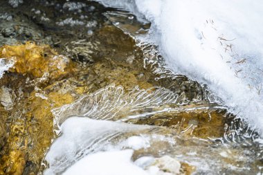 Water flowing over snowy rocky surface in winter mountains