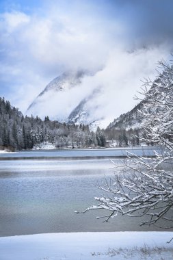 Çam ağaçları ve Predil Gölü, İtalya 'nın karla kaplı manzarası