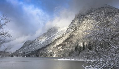 Çam ağaçları ve Predil Gölü, İtalya 'nın karla kaplı manzarası