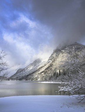 Çam ağaçları ve Predil Gölü, İtalya 'nın karla kaplı manzarası