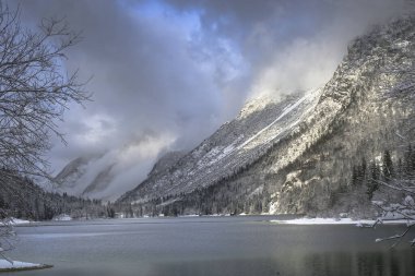 Çam ağaçları ve Predil Gölü, İtalya 'nın karla kaplı manzarası