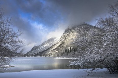 Çam ağaçları ve Predil Gölü, İtalya 'nın karla kaplı manzarası