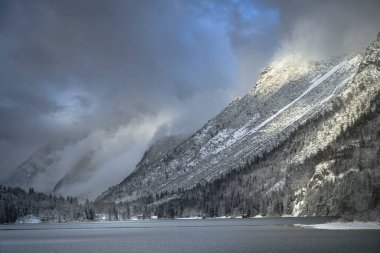Çam ağaçları ve Predil Gölü, İtalya 'nın karla kaplı manzarası