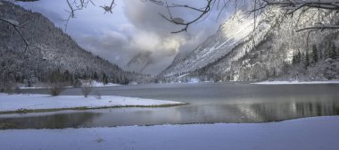 Çam ağaçları ve Predil Gölü, İtalya 'nın karla kaplı manzarası