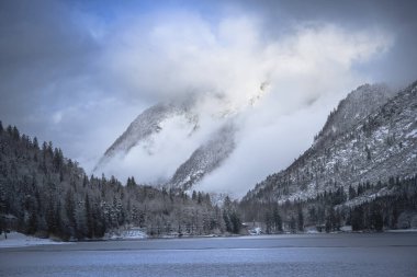 Çam ağaçları ve Predil Gölü, İtalya 'nın karla kaplı manzarası