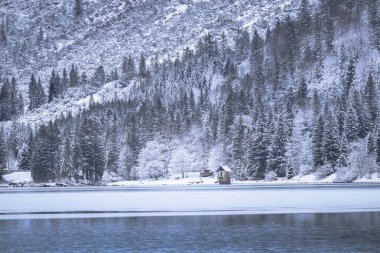 Çam ağaçları ve Predil Gölü, İtalya 'nın karla kaplı manzarası