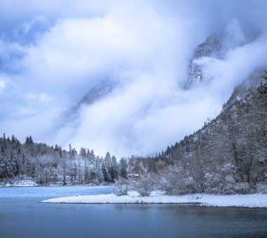 Çam ağaçları ve Predil Gölü, İtalya 'nın karla kaplı manzarası