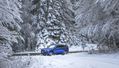 İtalya, Predil Gölü yakınlarındaki kış ormanlarında asfalt yolda mavi bir araba.