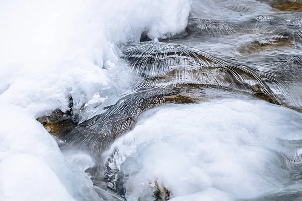 Water flowing over snowy rocky surface in winter mountains