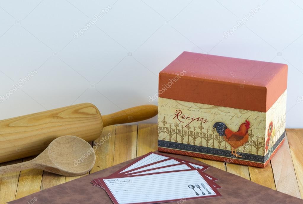 Recipe Box-Recipe Cards-Wooden Rolling Pin and Spoon Kitchen Scene