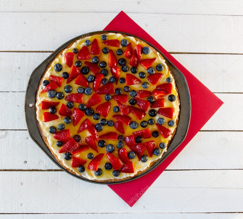 Fruit Pizza on Red and White Background