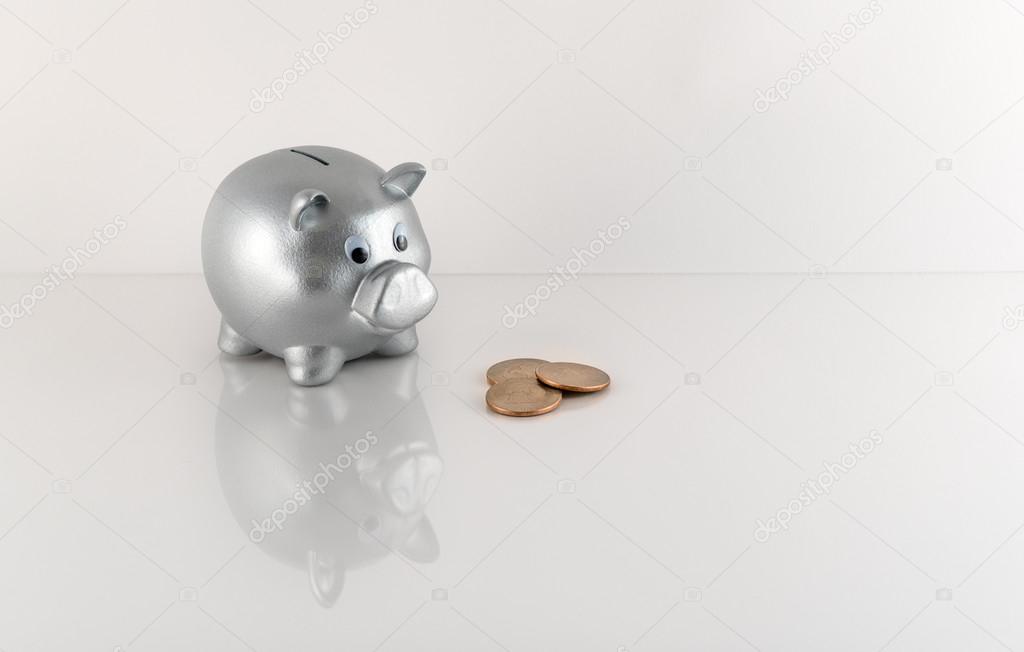 Silver Metallic Piggy Bank and Coins With Reflection
