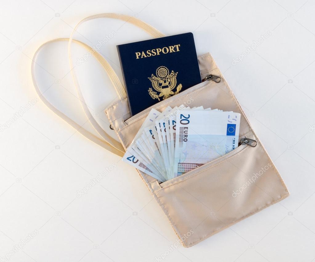 Travel Neck Pouch With Passport and Euros