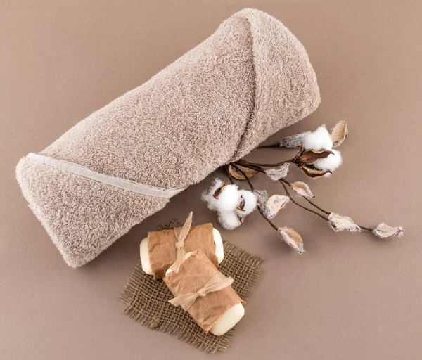 Spa luxe handdoek, ambachtelijke Soap en katoen Branch — Stockfoto