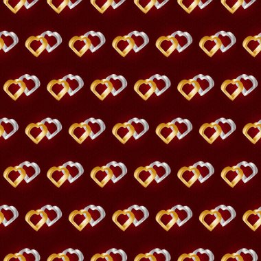 3 boyutlu altın ve gümüş kalpli kusursuz desen. Romantik aşk sembolü. Sevgililer günü kalp koleksiyonu.