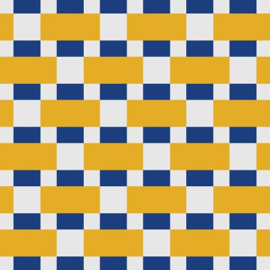 Koyu mavi ve hardal sarı blokları beyaz bir ızgarada değişen bir satranç tahtasının kalın geometrik dikişsiz deseni çarpıcı yüksek kontrastlı retro ya da kolej tasarımı Vektör çizimi