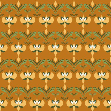 Sarı, açık yeşil ve koyu yeşil renkli çiçeklerle süslenmiş dikey damasyon desenleri zengin yanmış turuncu bir arka plana karşı 60 'lar - 70' ler kaliteli estetik vektör.