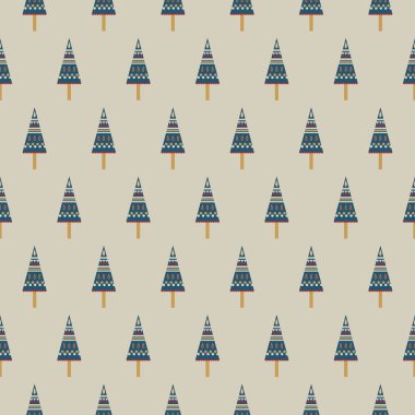 Tarzlı İskandinav Noel ağaçlarıyla kusursuz geometrik desen soyut halk sanatı motifi bej arka plan vektöründe büyüleyici kırmızı ve beyaz noktalar ve çizgilerle süslenmiş mavi ağaçları kullanır