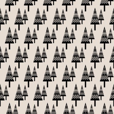 Noel ağacı ile kusursuz desenler Noel için mükemmel. Basit siyah beyaz palet, yılın her zamanı modern çocuk odası dekorasyonu, minimalist giyim ve ambalaj için harika bir seçim. Vektör